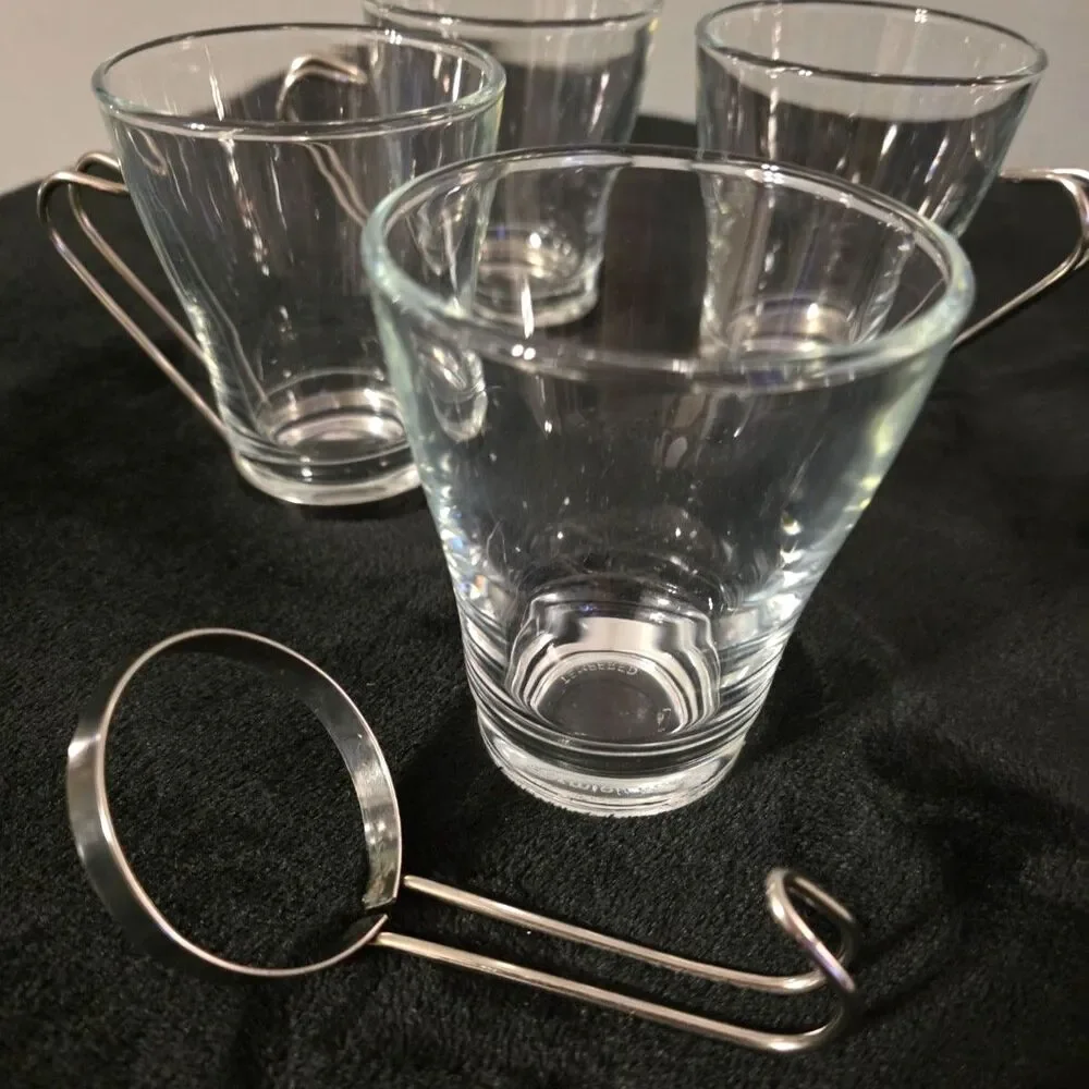 Bormioli Rocco Glass Espresso Coffee Tea Cup Stainless Steel Handle Set of 4